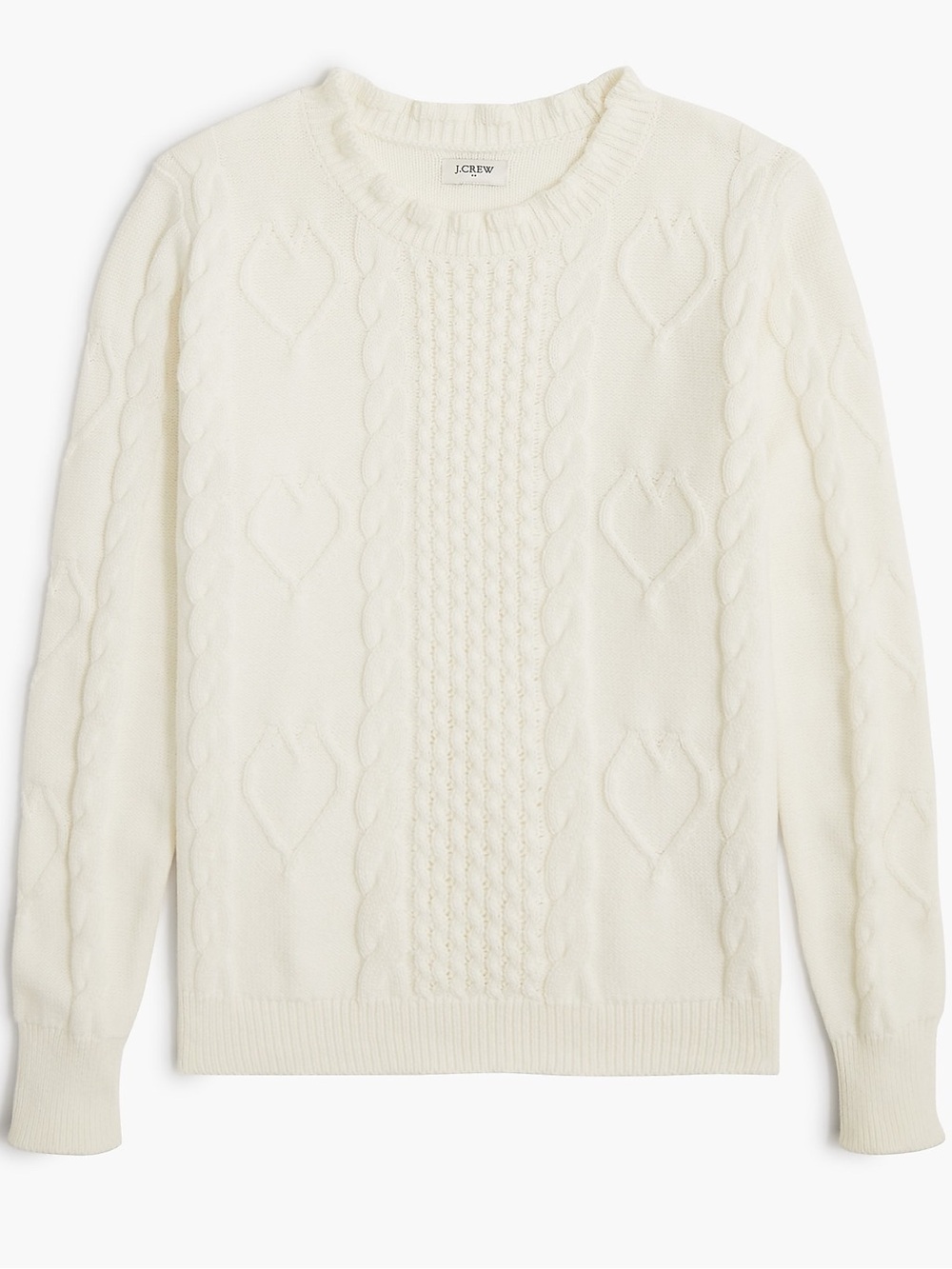 J. Crew White Cable-Knit Heart Crewneck Sweater